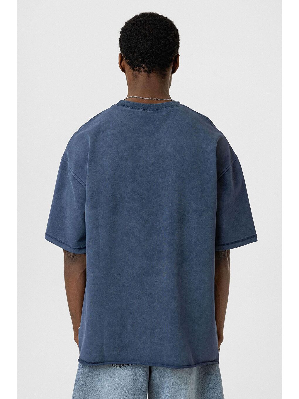 Yıkamalı Basic Oversize Tişört İndigo-5