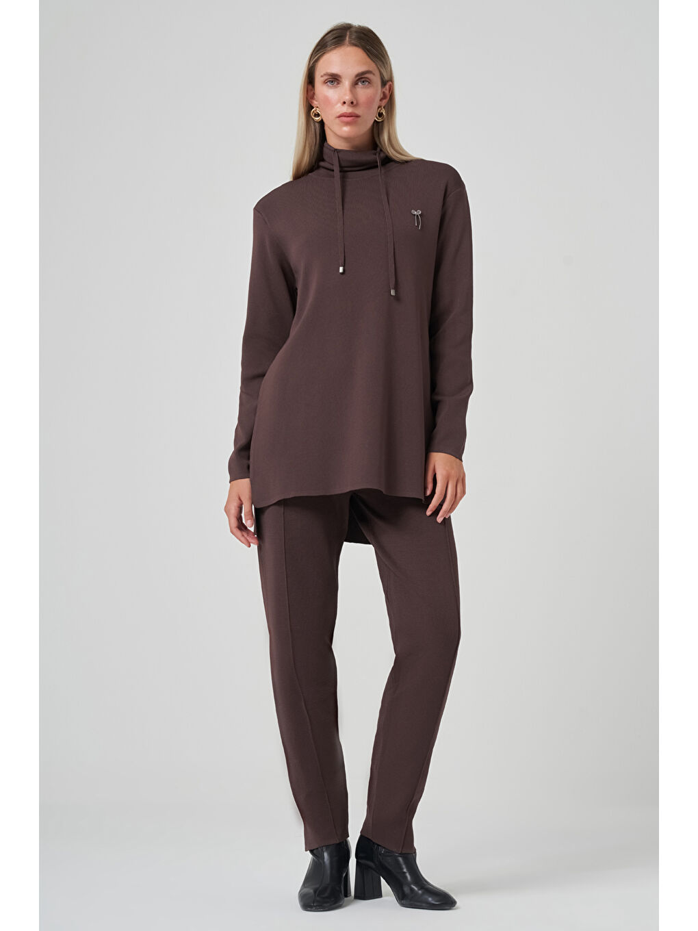 Dik Yaka Sweat Pantolon Triko Takım 1353 Kahverengi