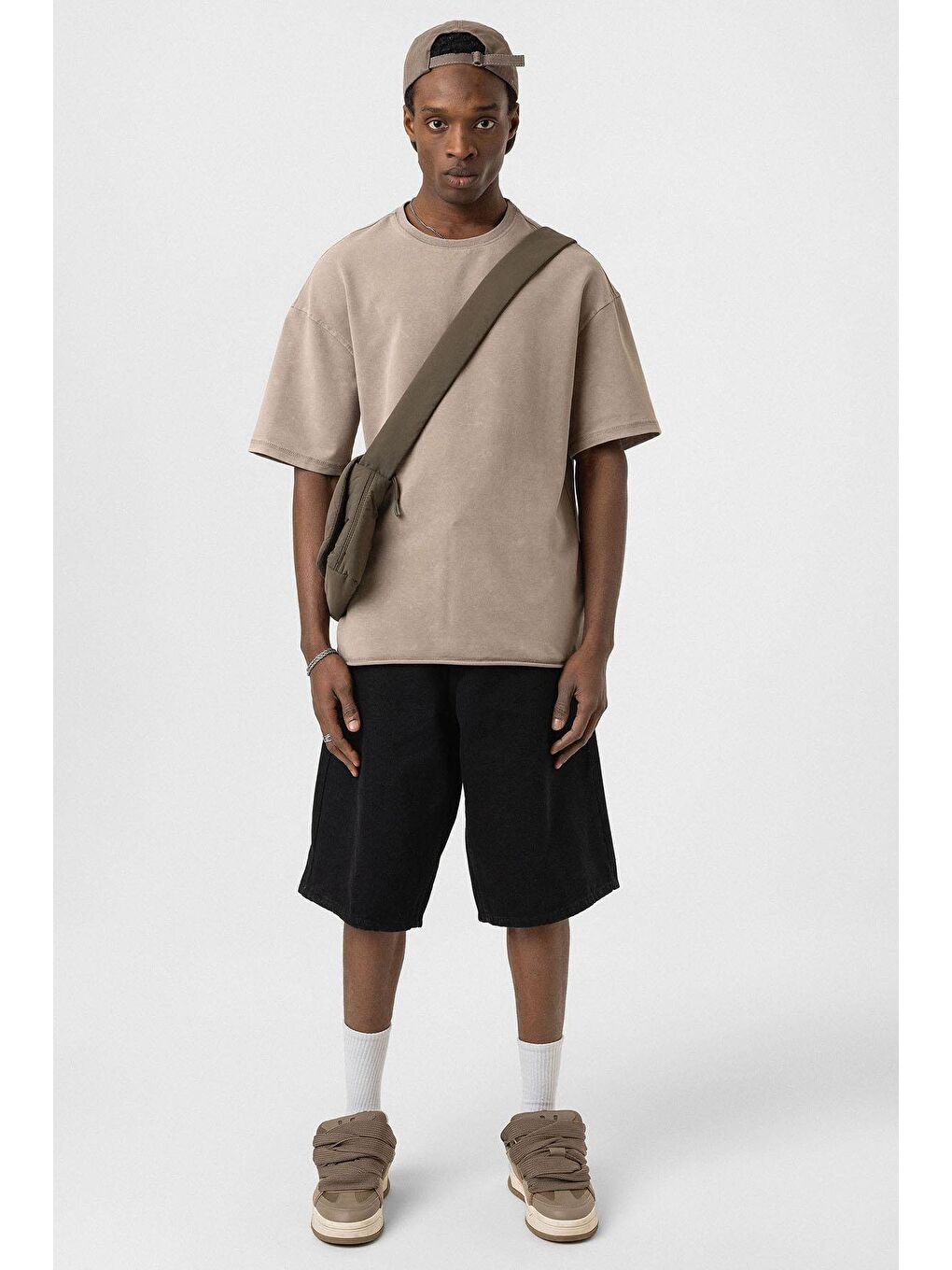 Bej Yıkamalı Basic Oversize Tişört Vizon