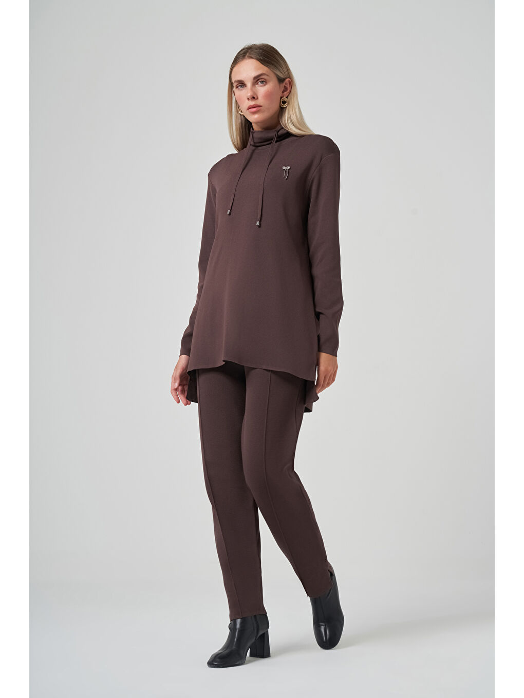 Dik Yaka Sweat Pantolon Triko Takım 1353 Kahverengi-3