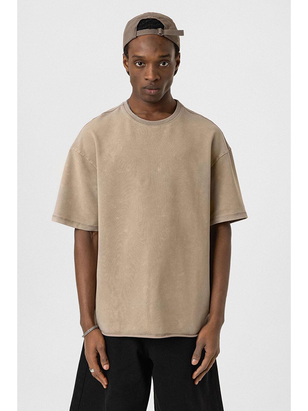 Bej Yıkamalı Basic Oversize Tişört Vizon-2