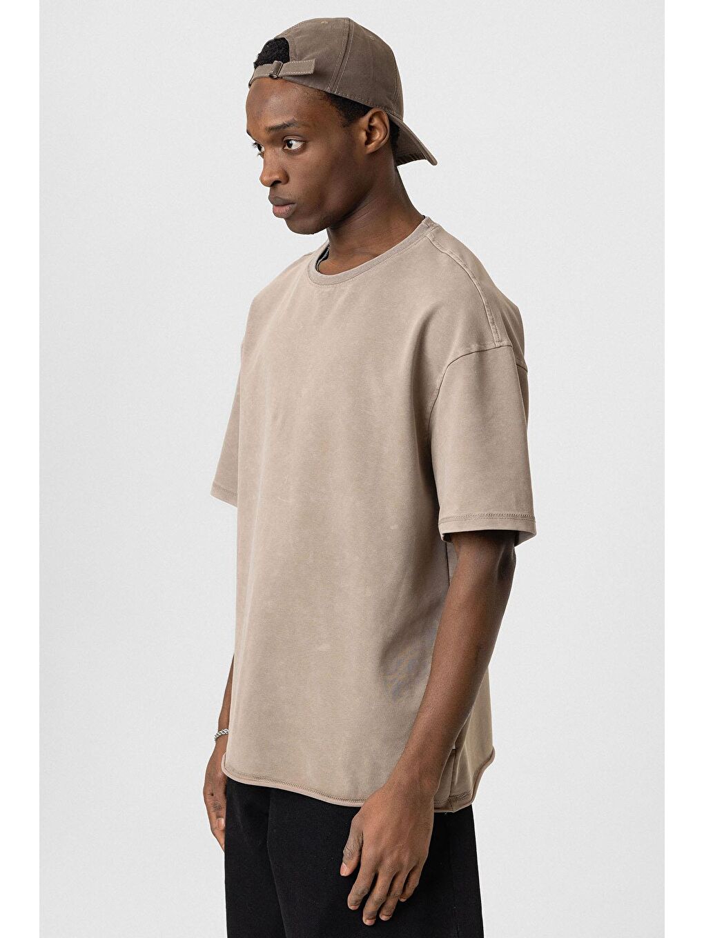 Bej Yıkamalı Basic Oversize Tişört Vizon-3