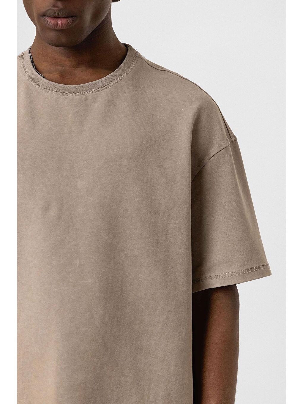 Bej Yıkamalı Basic Oversize Tişört Vizon-4