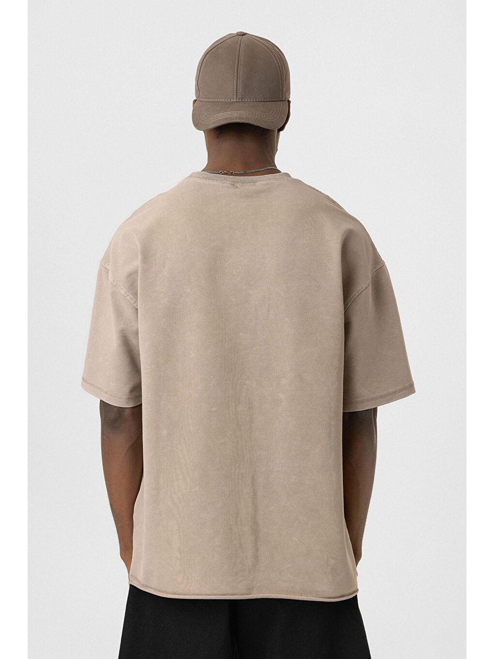 Bej Yıkamalı Basic Oversize Tişört Vizon-5