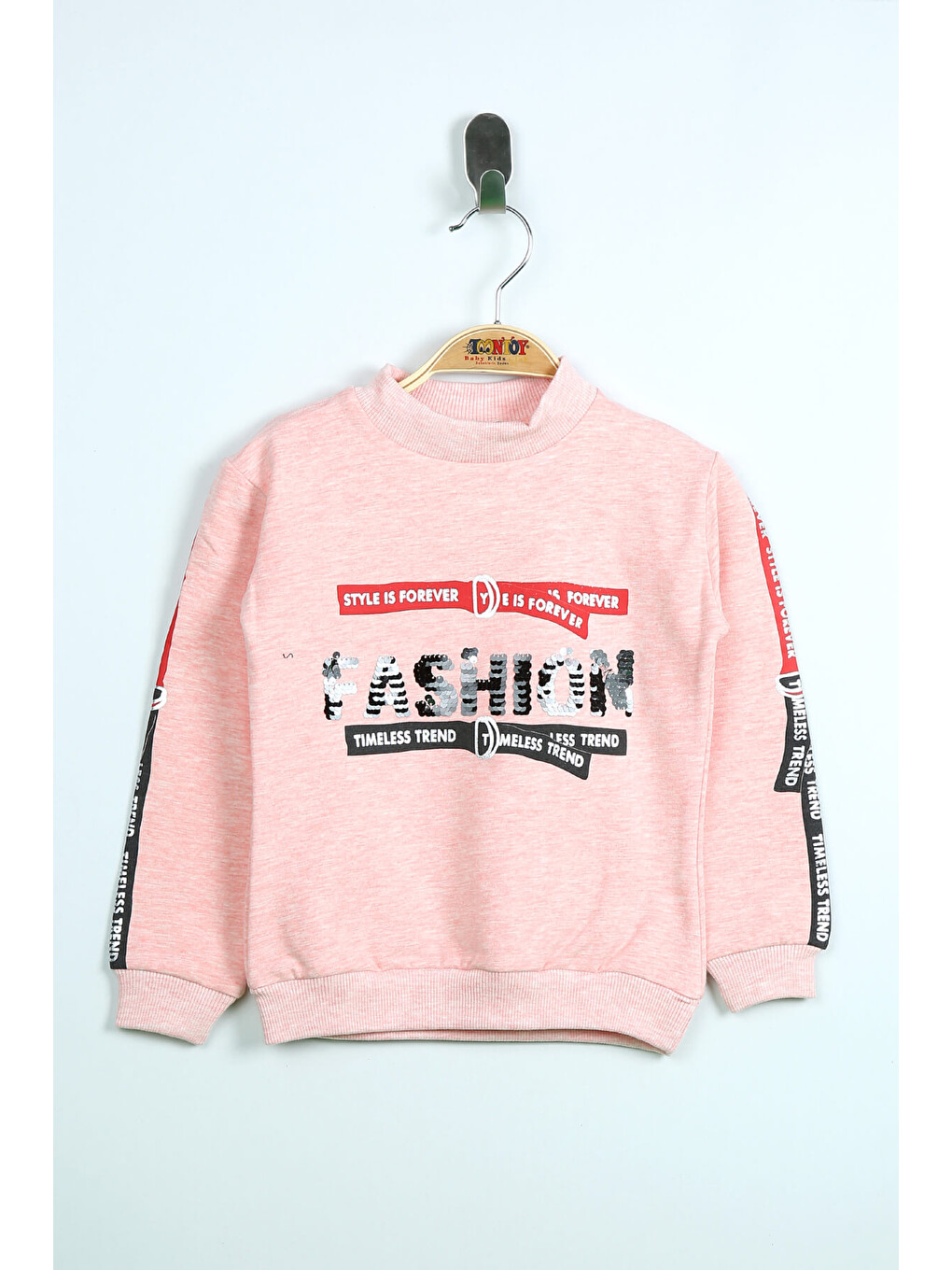 Pembe Kız Çocuk Sweatshirt Kollari Şeritli Pullu Fashion Nakış