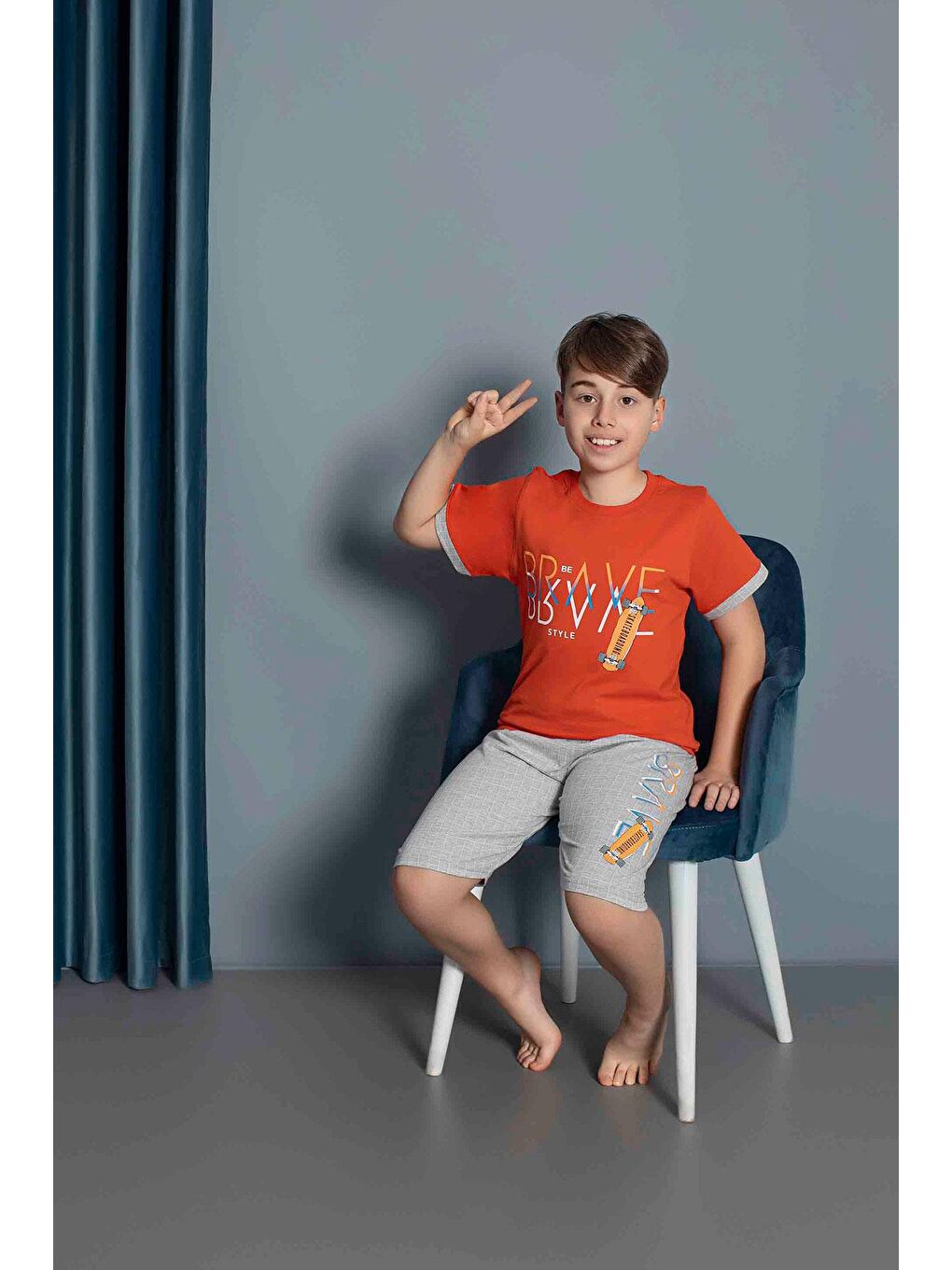 Erkek Çocuk Penye Kısa Kollu Kaprili Pijama Takımı | Turuncu 3656