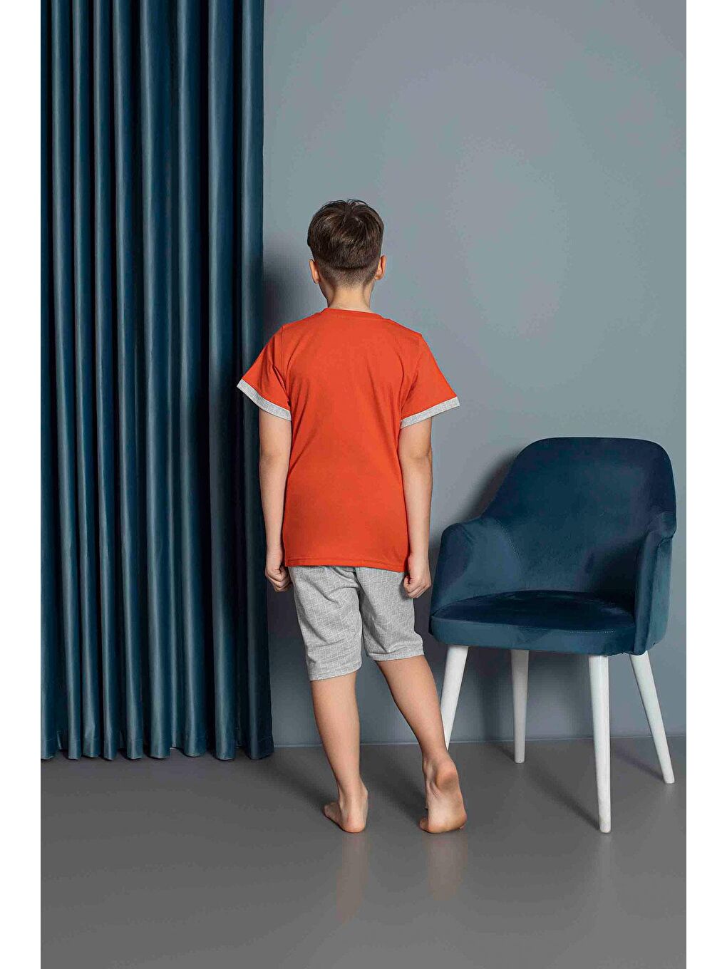 Erkek Çocuk Penye Kısa Kollu Kaprili Pijama Takımı | Turuncu 3656-1