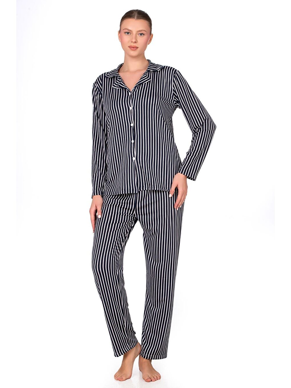 Lacivert Lizbon Kumaş İçi Şardonlu Çizgili Önden Düğmeli Kadın Pijama Takımı