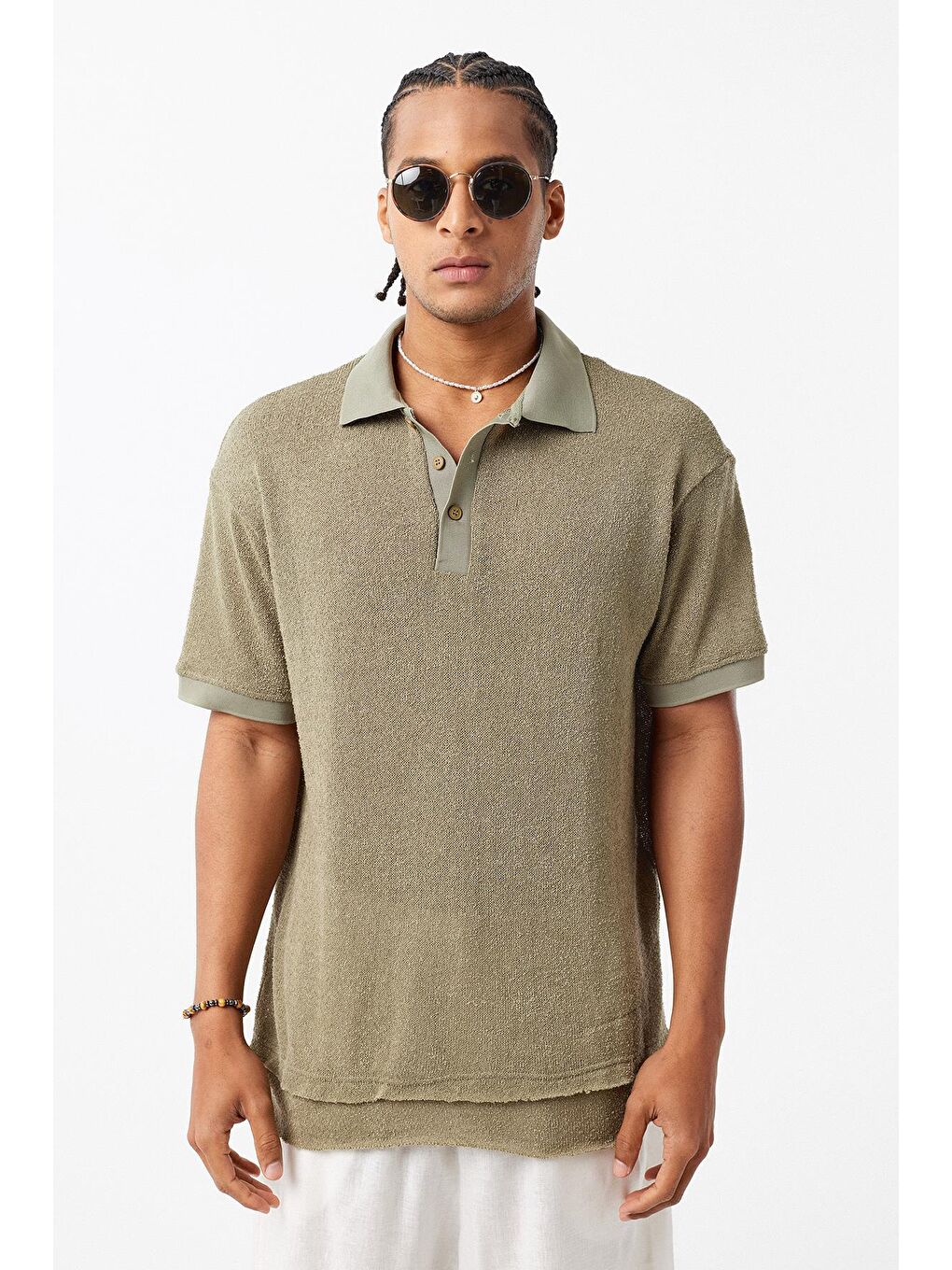 Polo Yaka Triko Oversize Tişört Haki-1
