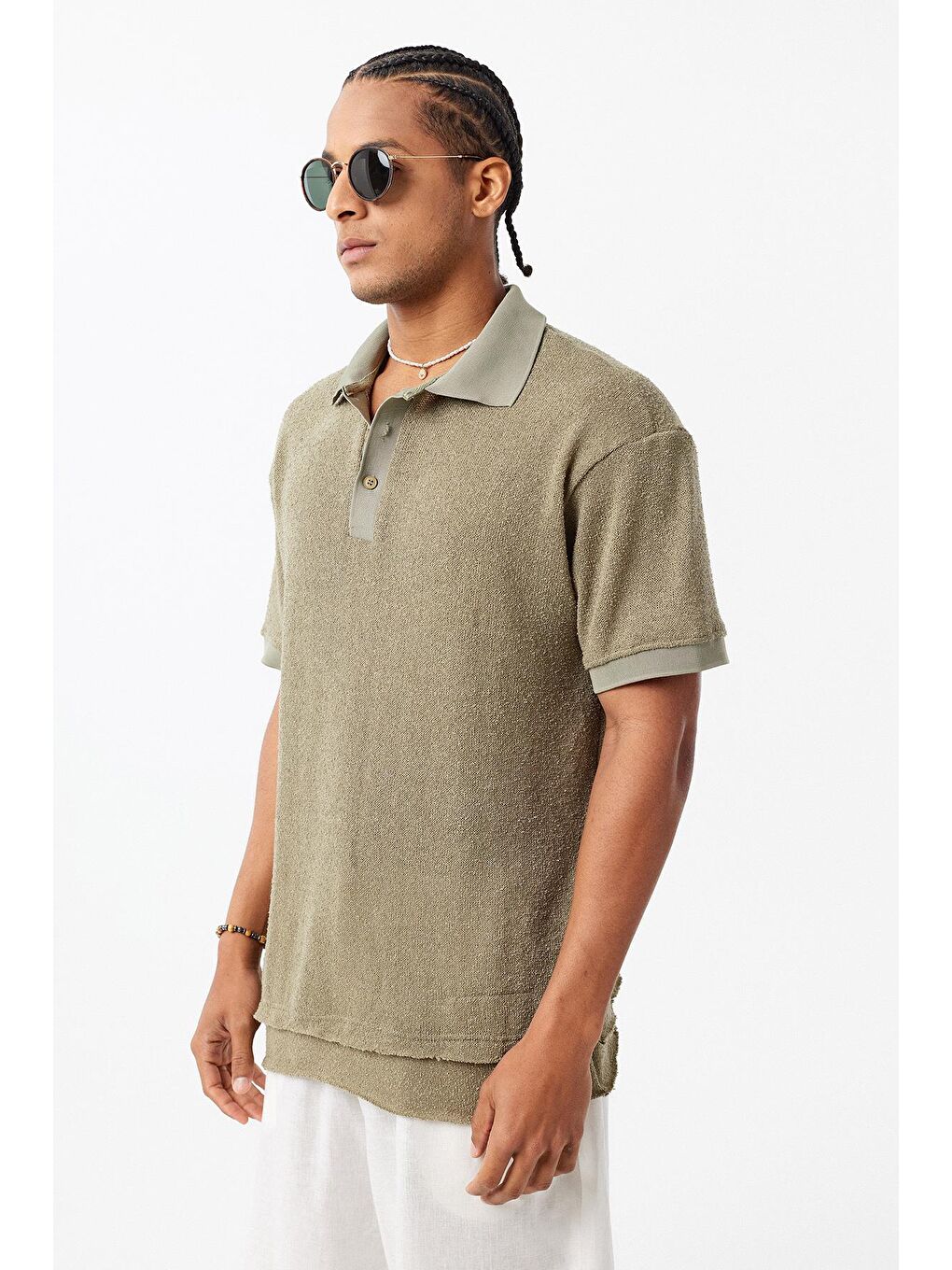 Polo Yaka Triko Oversize Tişört Haki-2