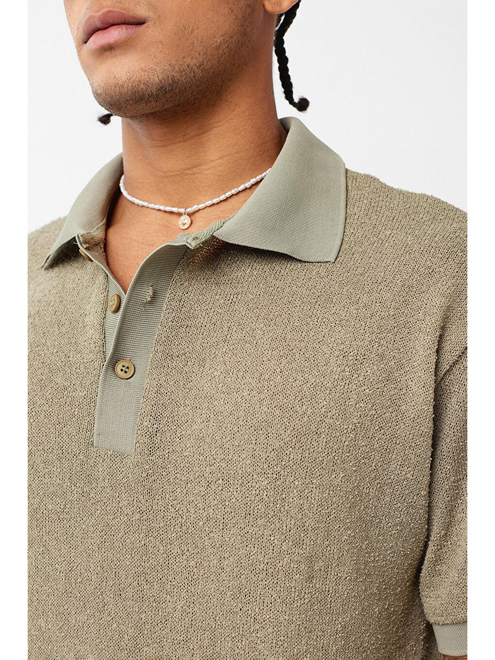 Polo Yaka Triko Oversize Tişört Haki-4