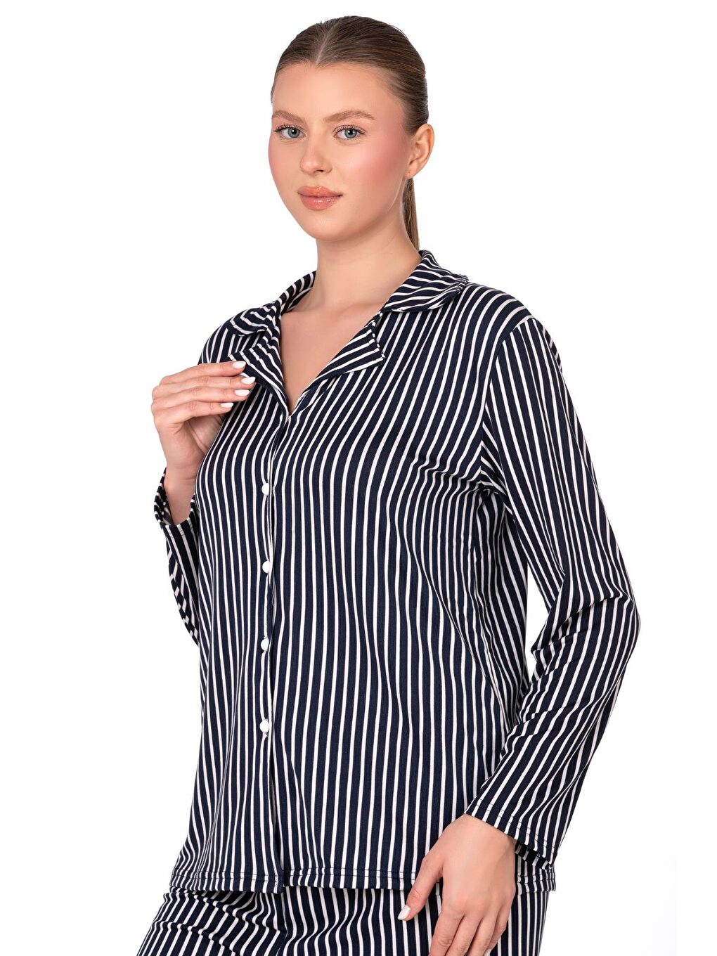 Lacivert Lizbon Kumaş İçi Şardonlu Çizgili Önden Düğmeli Kadın Pijama Takımı-2