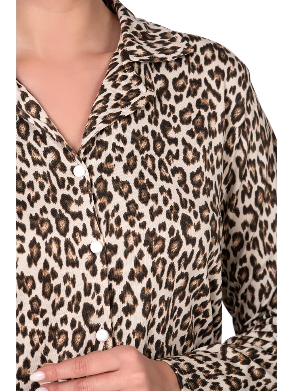 Kahverengi Lizbon Kumaş Leopar Desenli İçi Şardonlu Önden Düğmeli Kadın Pijama Takımı-1