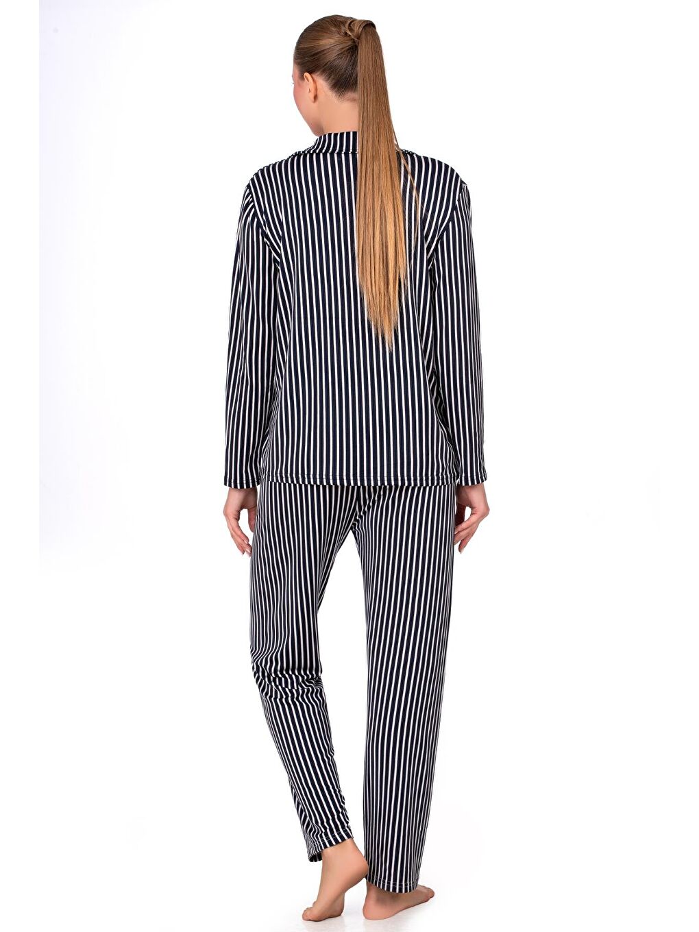 Lacivert Lizbon Kumaş İçi Şardonlu Çizgili Önden Düğmeli Kadın Pijama Takımı-3