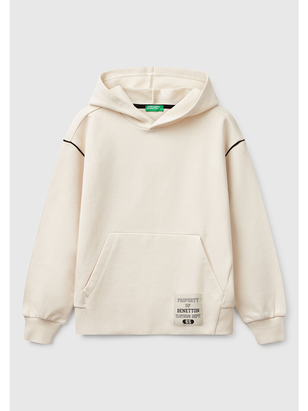 Ekru Erkek Çocuk Krem Sırtı Şerit Detaylı Logolu Kese Cepli Kapüşonlu Sweatshirt