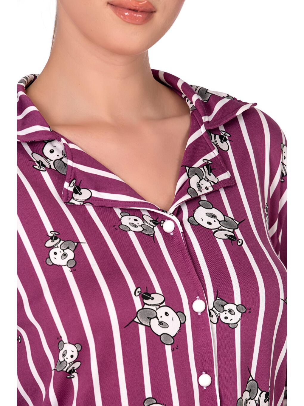 Lizbon Kumaş Mürdüm Panda Desenli Çizgili Önden Düğmeli Kadın Pijama Takımı-1