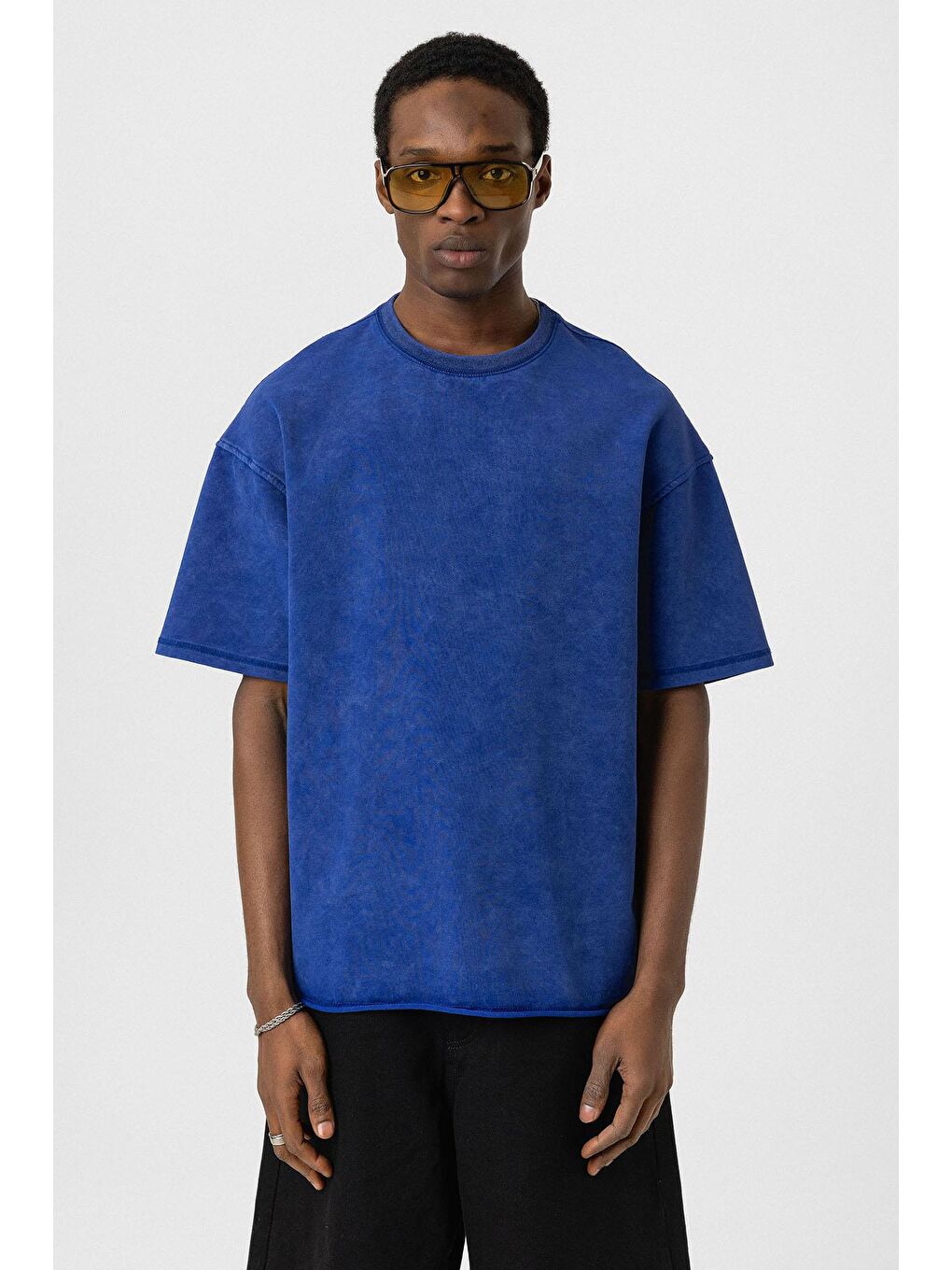 Mavi Yıkamalı Basic Oversize Tişört Saks-2