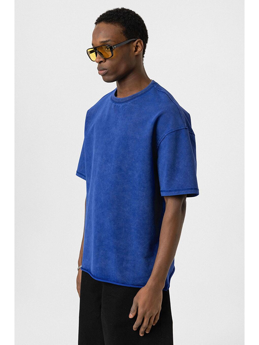 Mavi Yıkamalı Basic Oversize Tişört Saks-3