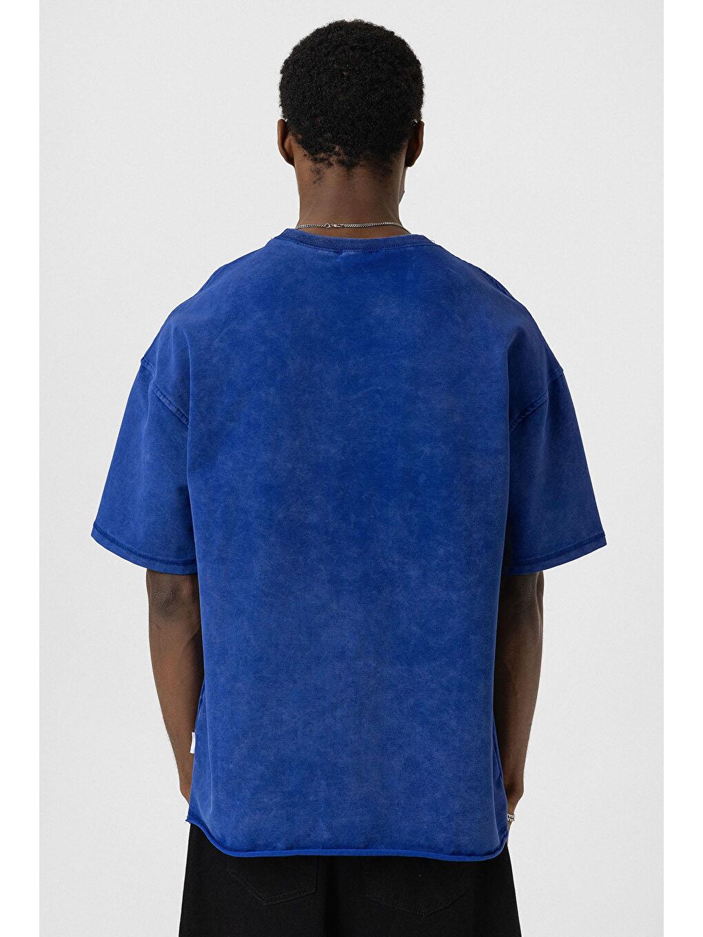 Mavi Yıkamalı Basic Oversize Tişört Saks-4