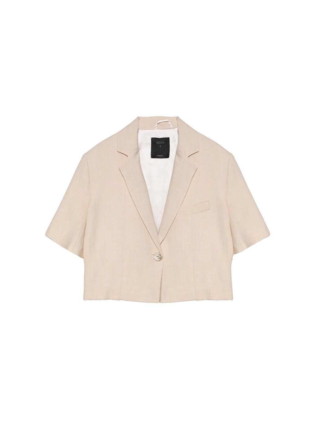 QUZU Yeni Naturel Vatkalı Crop Blazer Ceket Naturel