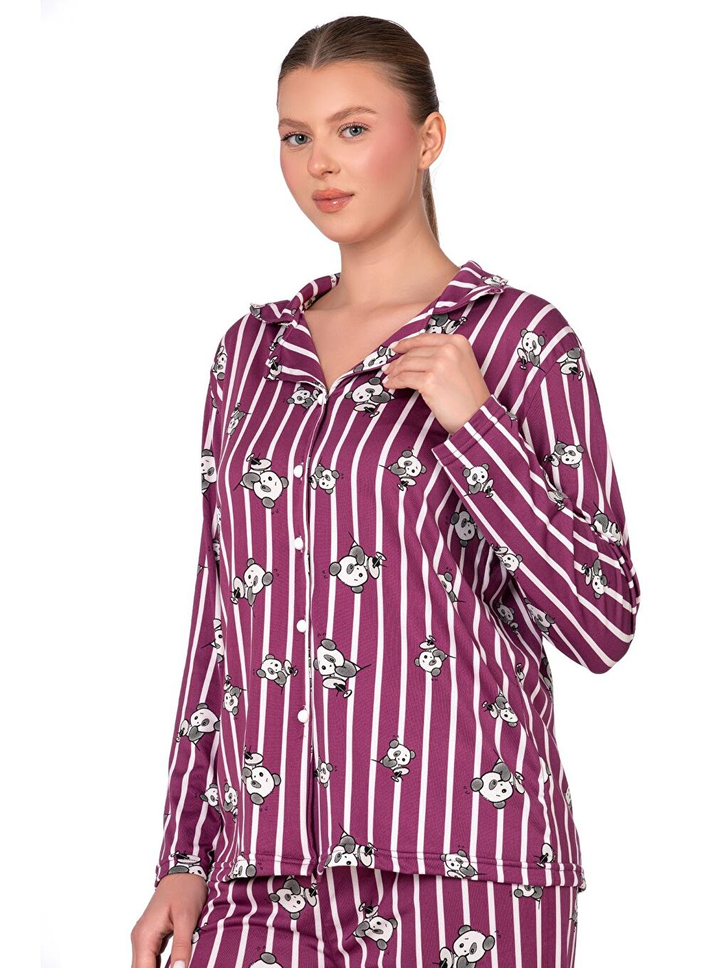 Lizbon Kumaş Mürdüm Panda Desenli Çizgili Önden Düğmeli Kadın Pijama Takımı-2