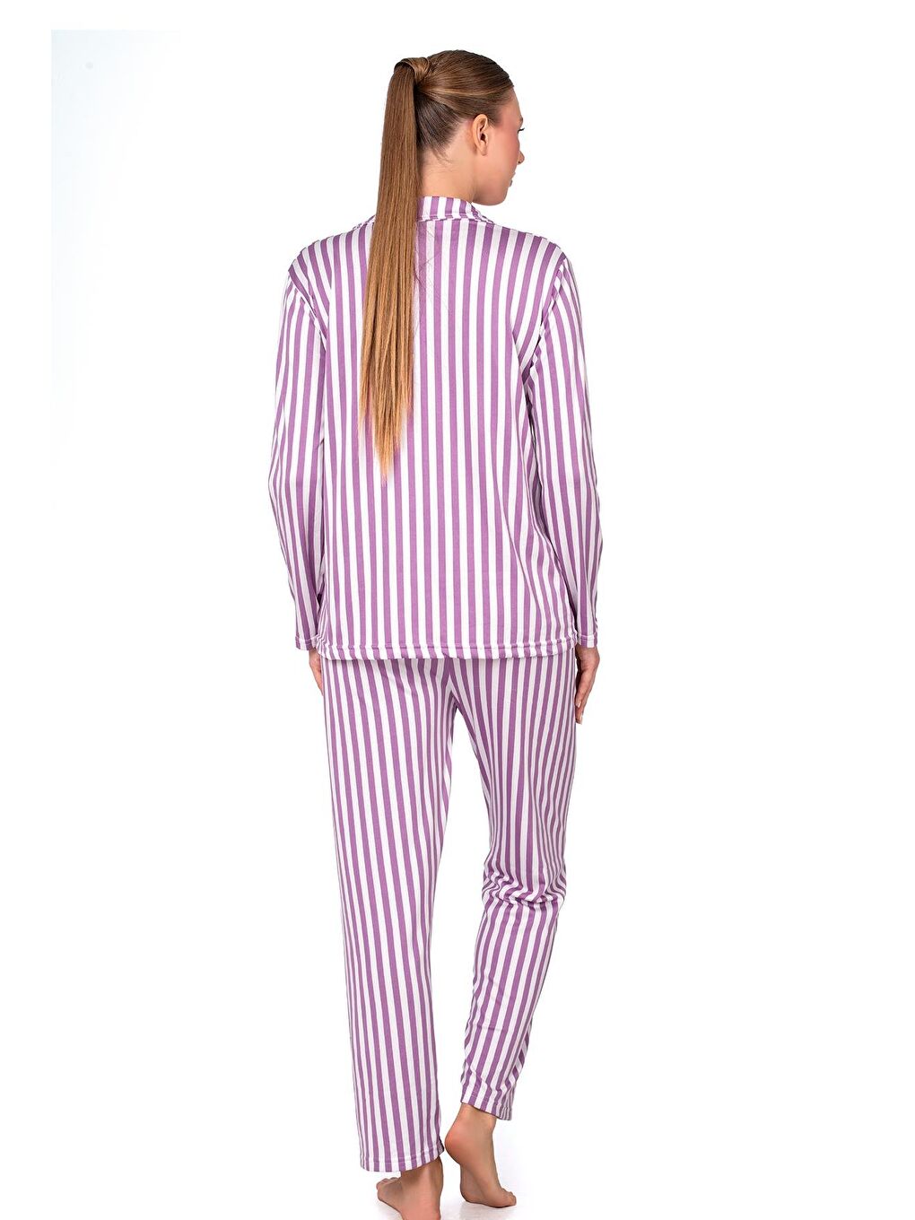 Mor Pembe Çizgili Lizbon Kumaş İçi Şardonlu Önden Düğmeli Kadın Pijama Takımı-3