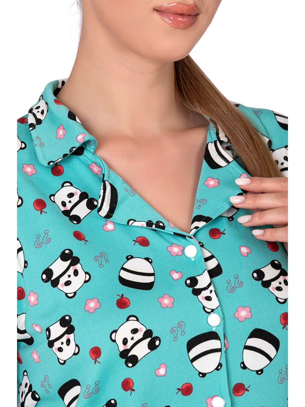 Lizbon Kumaş Turkuaz Panda Desenli Önden Düğmeli Kadın Pijama Takımı-1