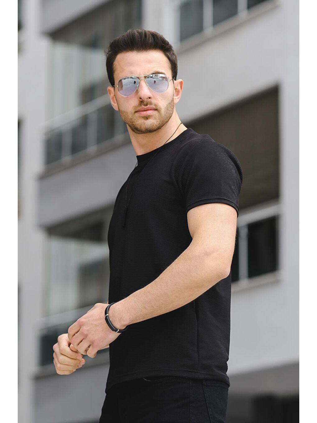 Siyah Kumaş Basic Slim Fit Likralı Erkek Tişört-2