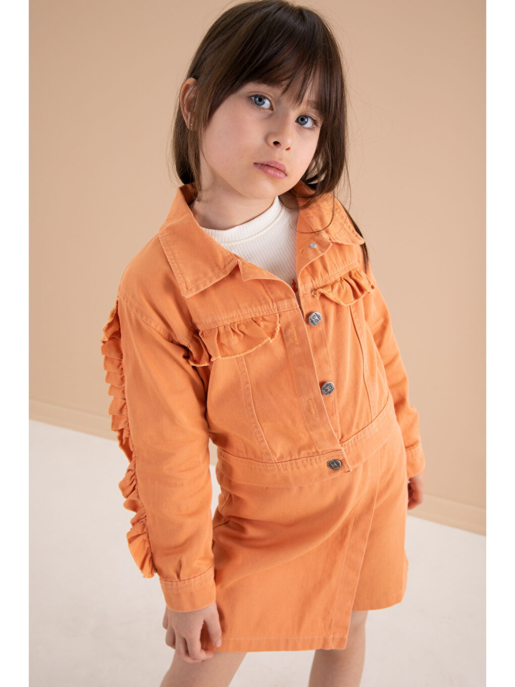 Turuncu Fırfır Detaylı Jean Ceketli Şort Etekli Kız Çocuk 3lü Takım 20169-2