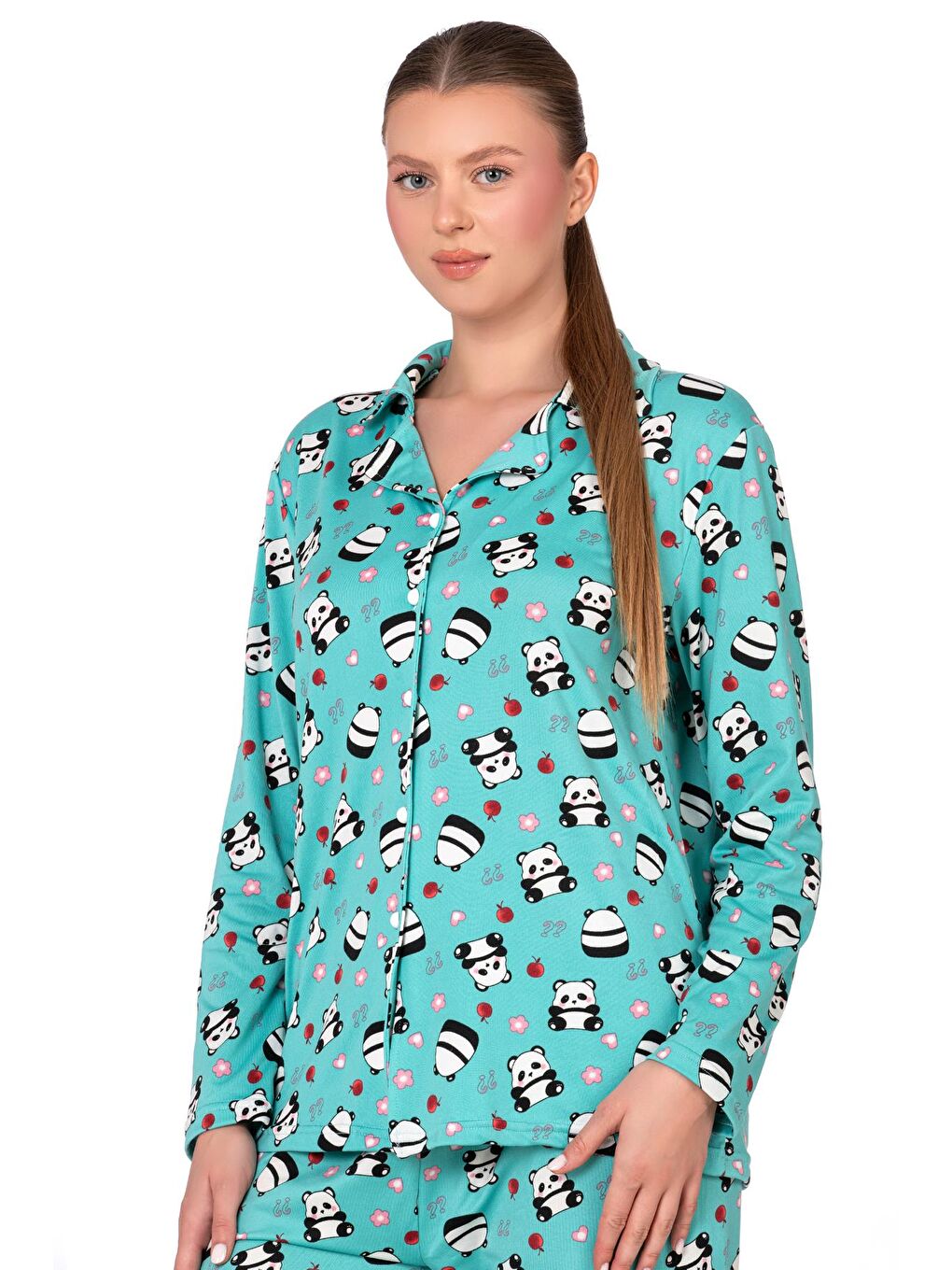 Lizbon Kumaş Turkuaz Panda Desenli Önden Düğmeli Kadın Pijama Takımı-2