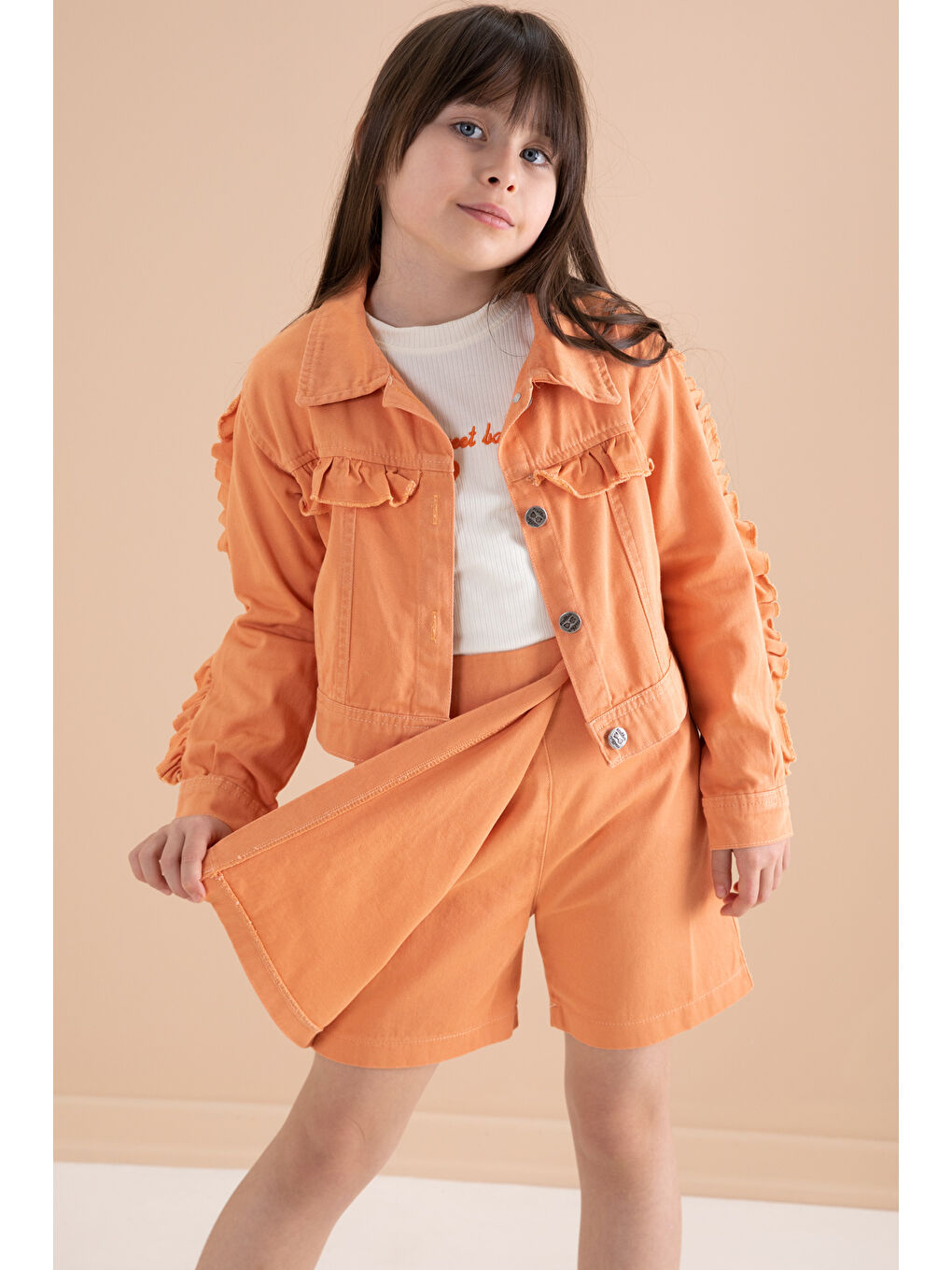 Turuncu Fırfır Detaylı Jean Ceketli Şort Etekli Kız Çocuk 3lü Takım 20169-3
