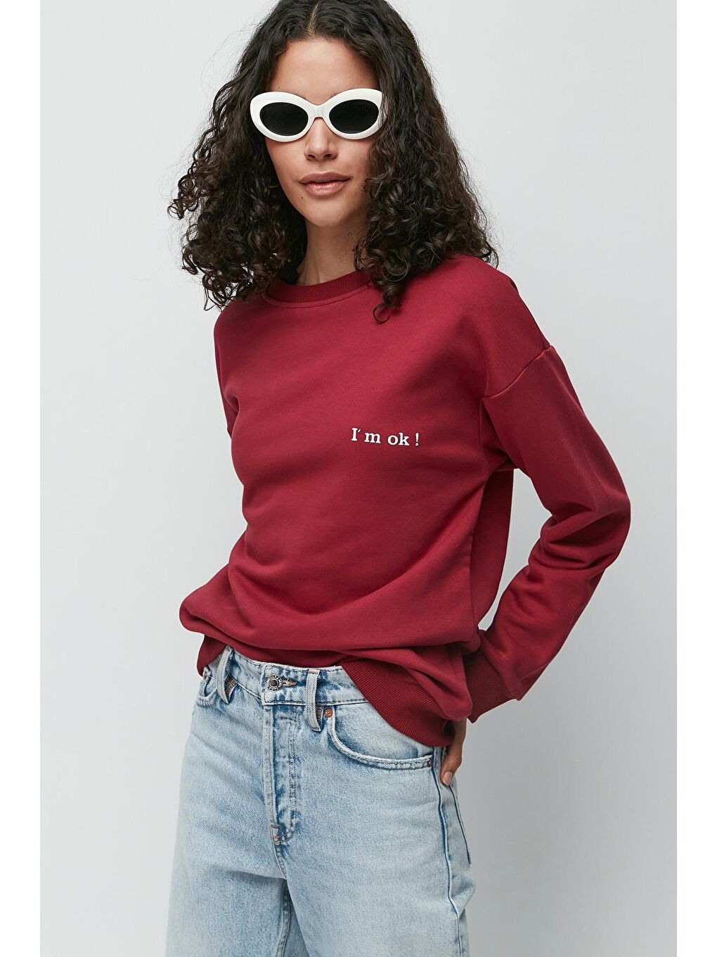 C&City Bordo Baskılı Oversize Uzun Kol Kalın Sweatshirt 950 Bordo