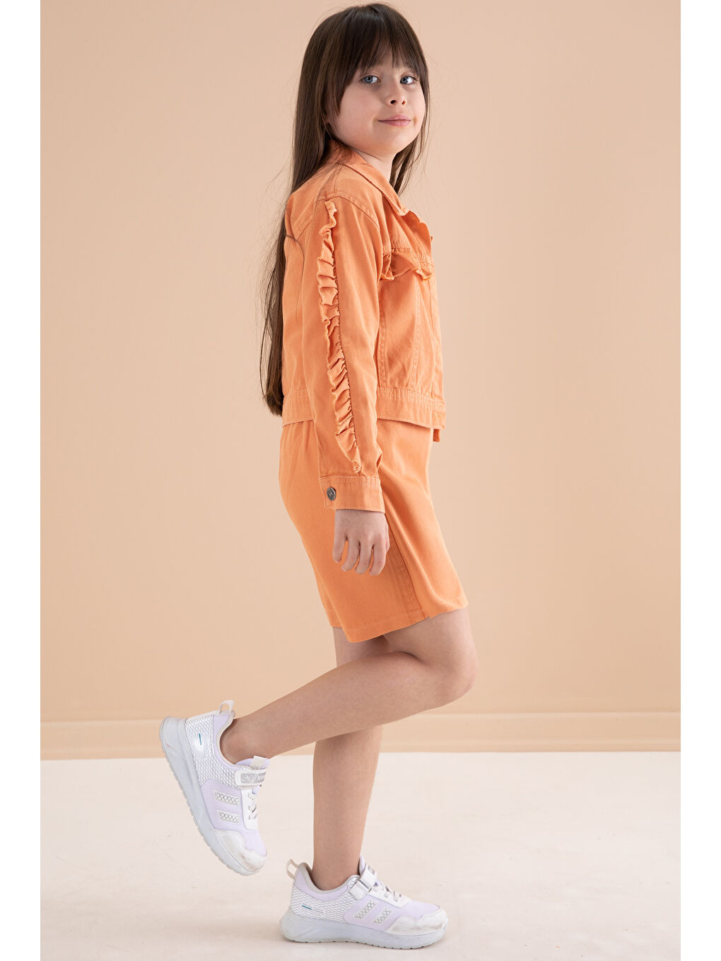 Turuncu Fırfır Detaylı Jean Ceketli Şort Etekli Kız Çocuk 3lü Takım 20169-4