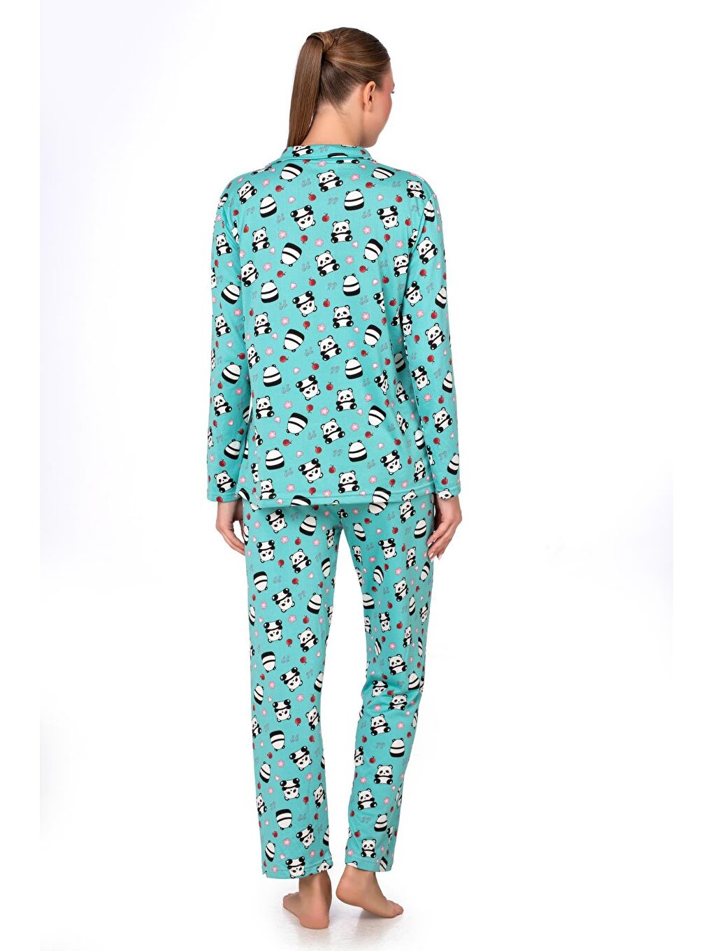 Lizbon Kumaş Turkuaz Panda Desenli Önden Düğmeli Kadın Pijama Takımı-3