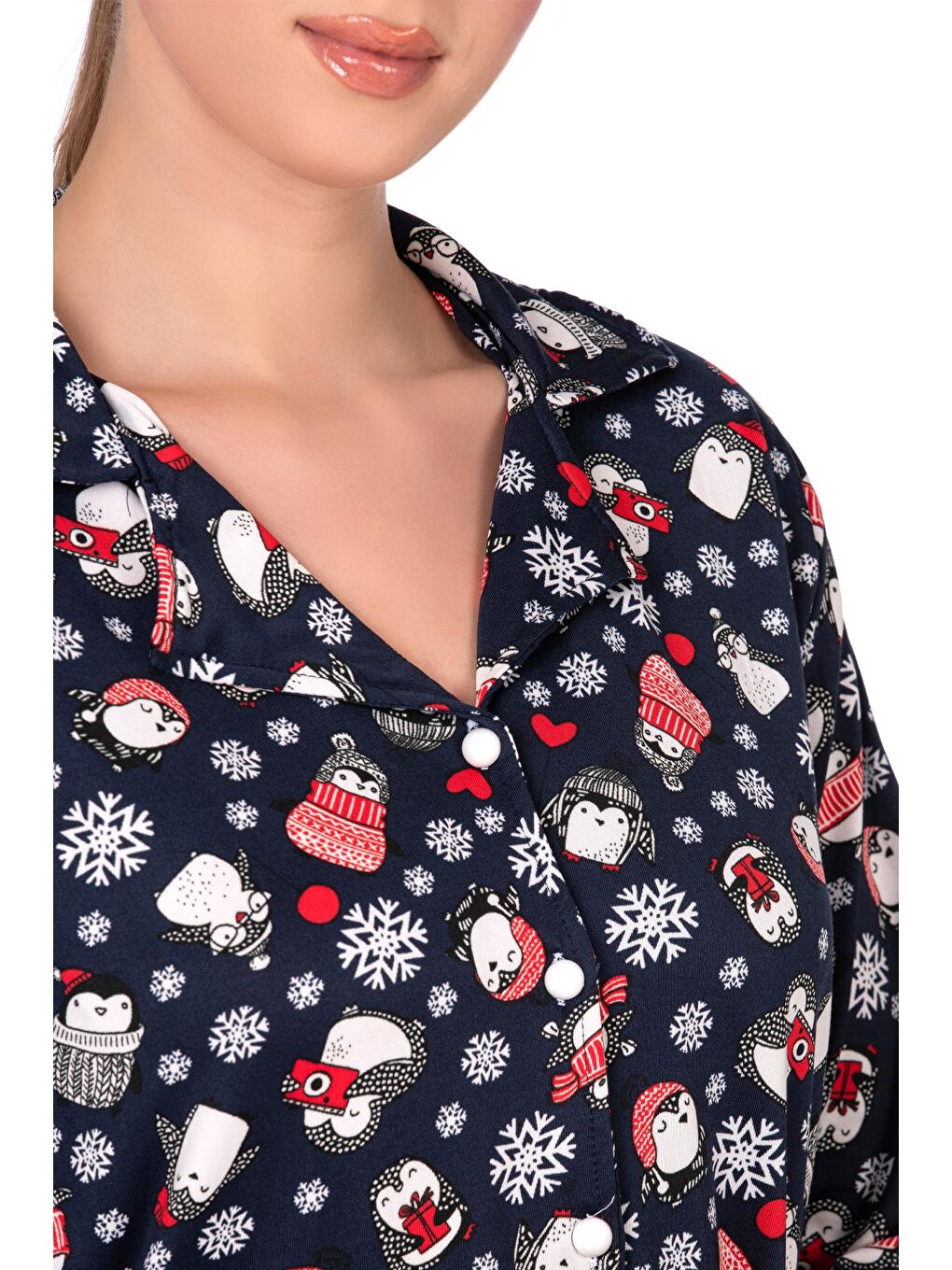 Lizbon Kumaş İçi Şardonlu Lacivert Kış Desenli Önden Düğmeli Kadın Pijama Takımı-1