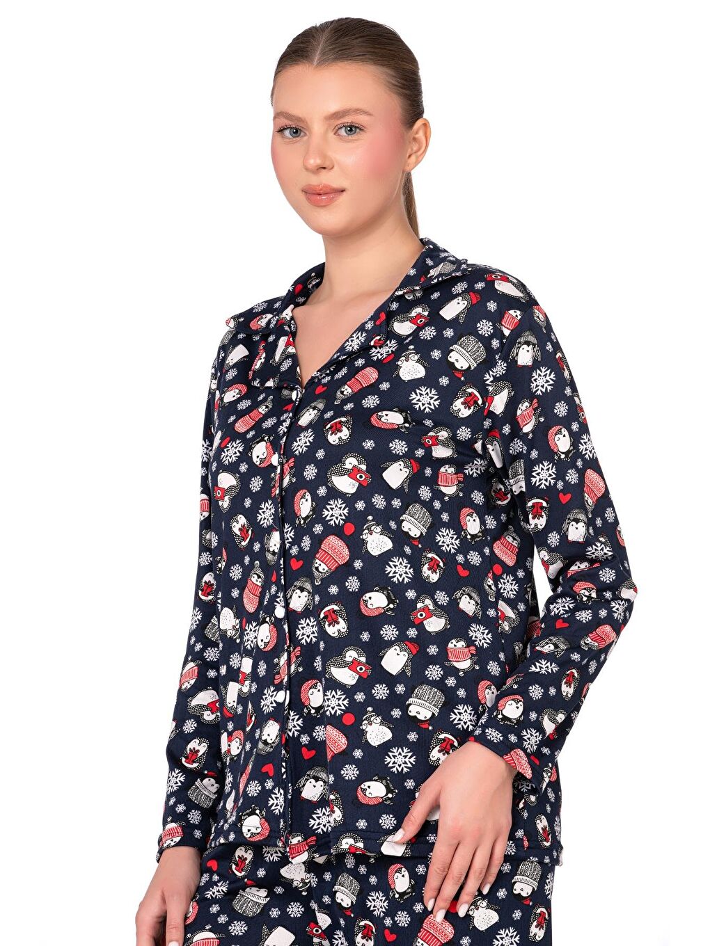 Lizbon Kumaş İçi Şardonlu Lacivert Kış Desenli Önden Düğmeli Kadın Pijama Takımı-2