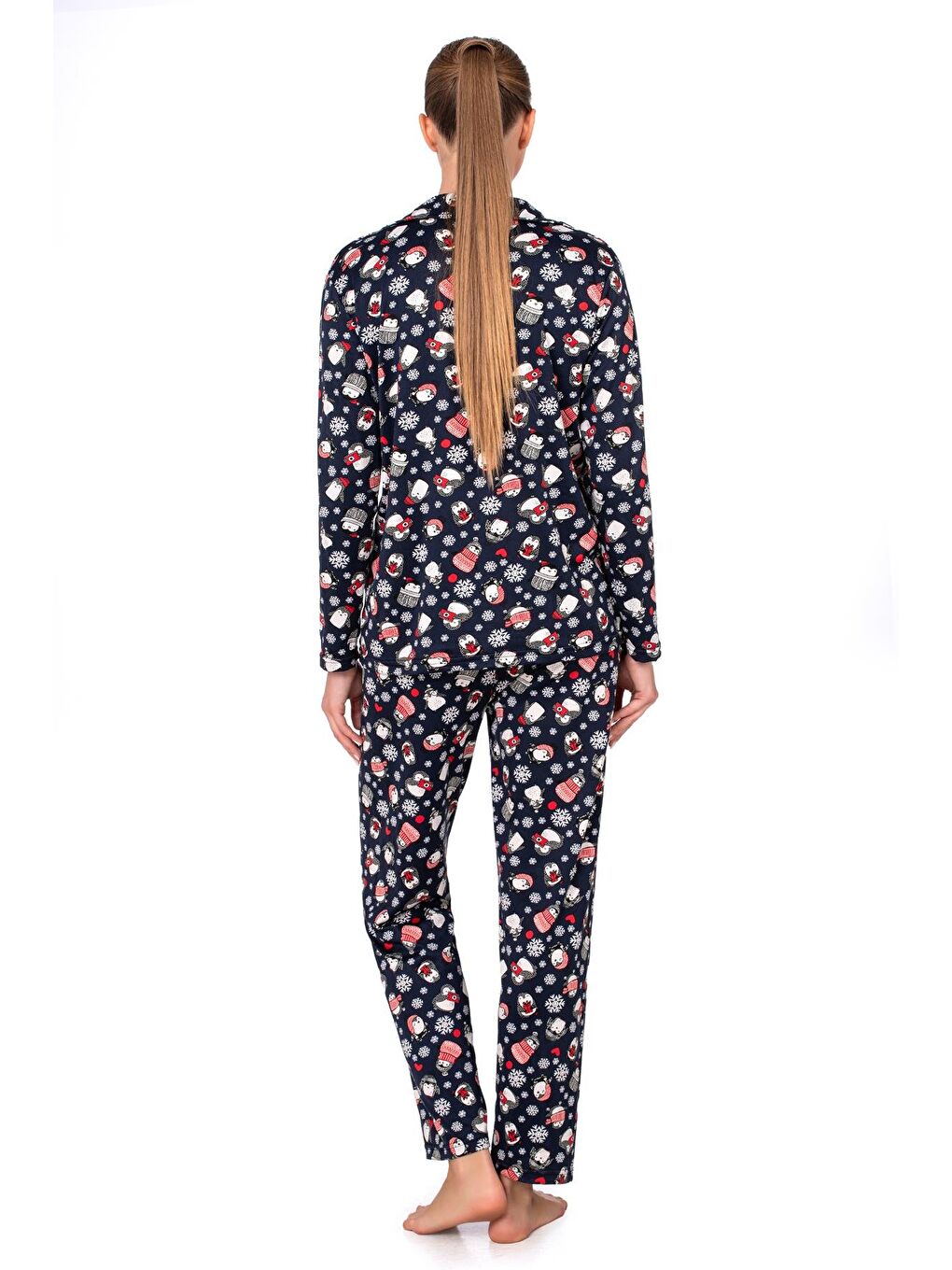 Lizbon Kumaş İçi Şardonlu Lacivert Kış Desenli Önden Düğmeli Kadın Pijama Takımı-3