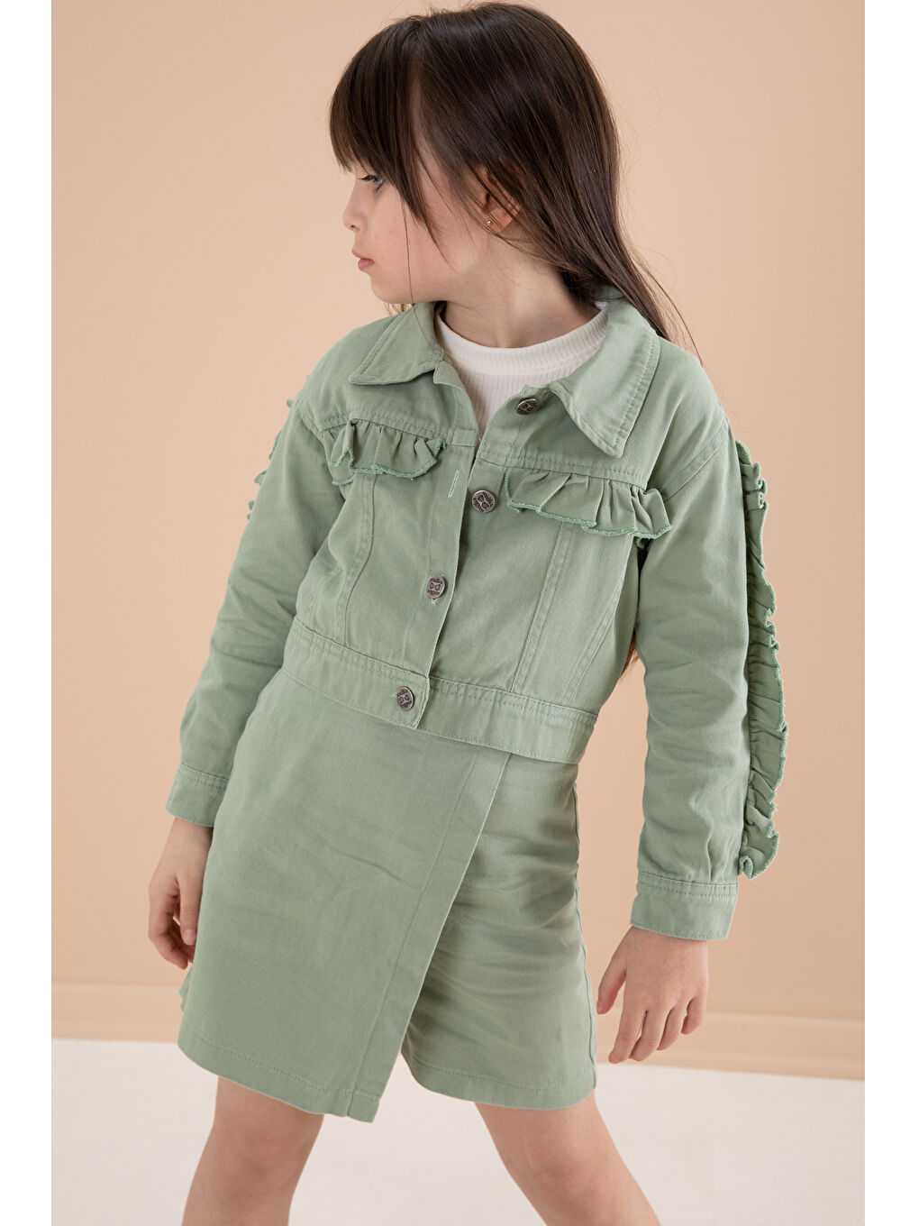 Yeşil Fırfır Detaylı Jean Ceketli Şort Etekli Kız Çocuk 3lü Takım 20171-1