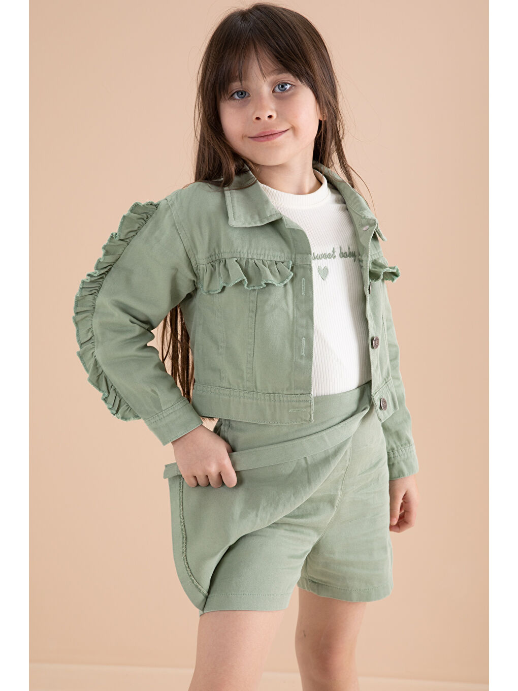Yeşil Fırfır Detaylı Jean Ceketli Şort Etekli Kız Çocuk 3lü Takım 20171-2