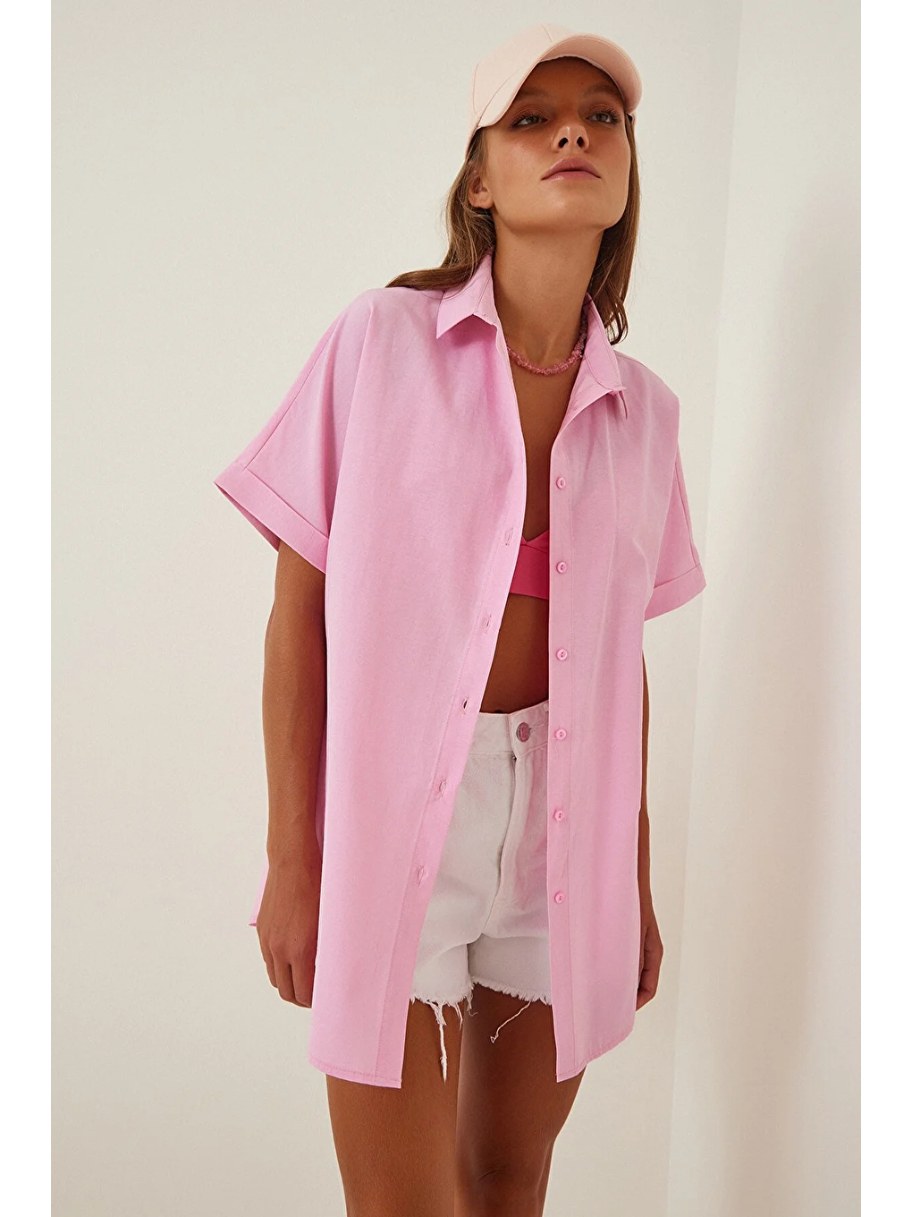 hazelin Pembe Kadın Pembe Oversize Uzun Kısa Kollu Basic Poplin Gömlek