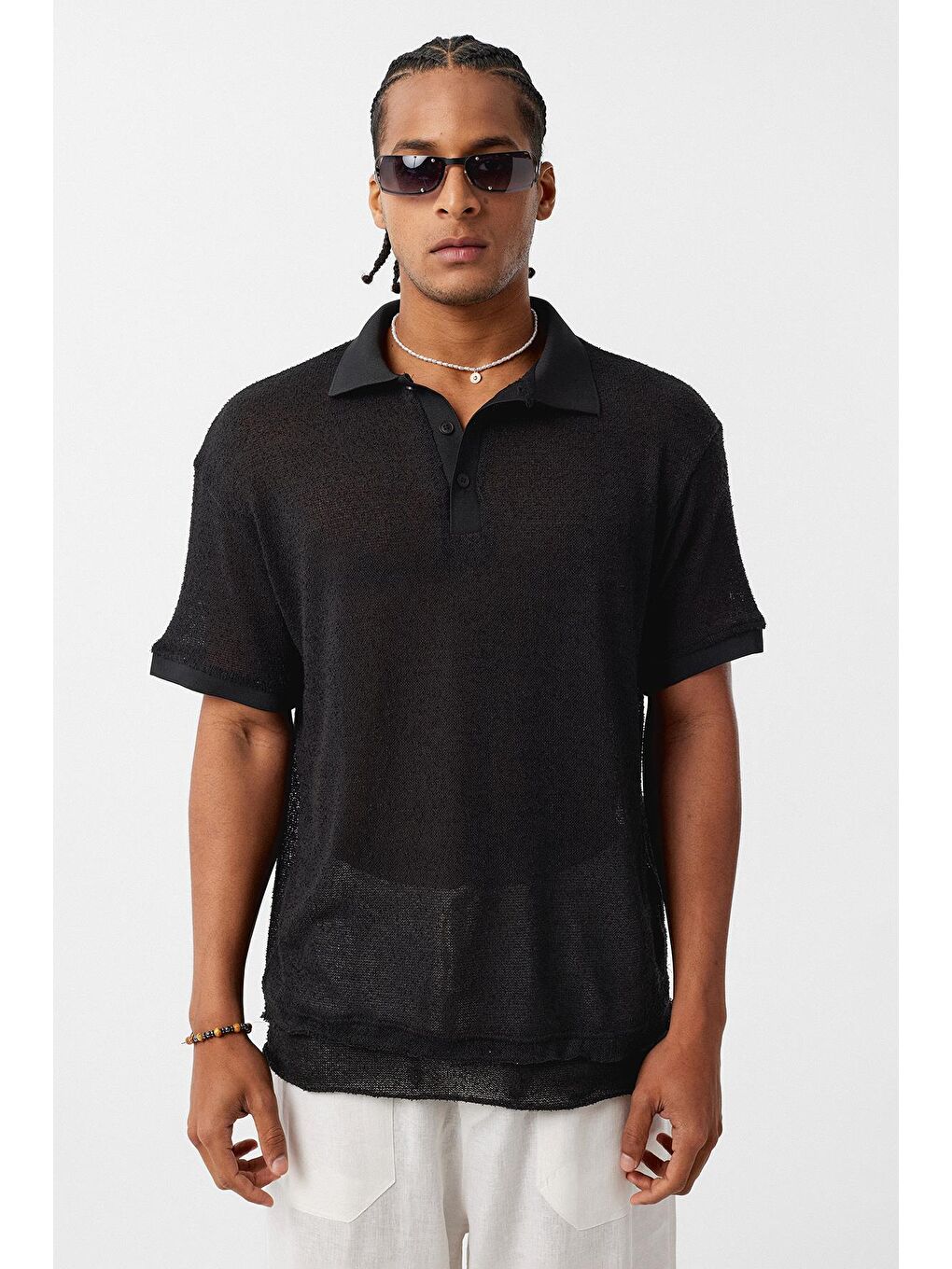 Polo Yaka Triko Oversize Tişört Siyah