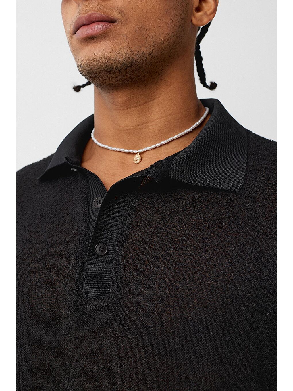 Polo Yaka Triko Oversize Tişört Siyah-4