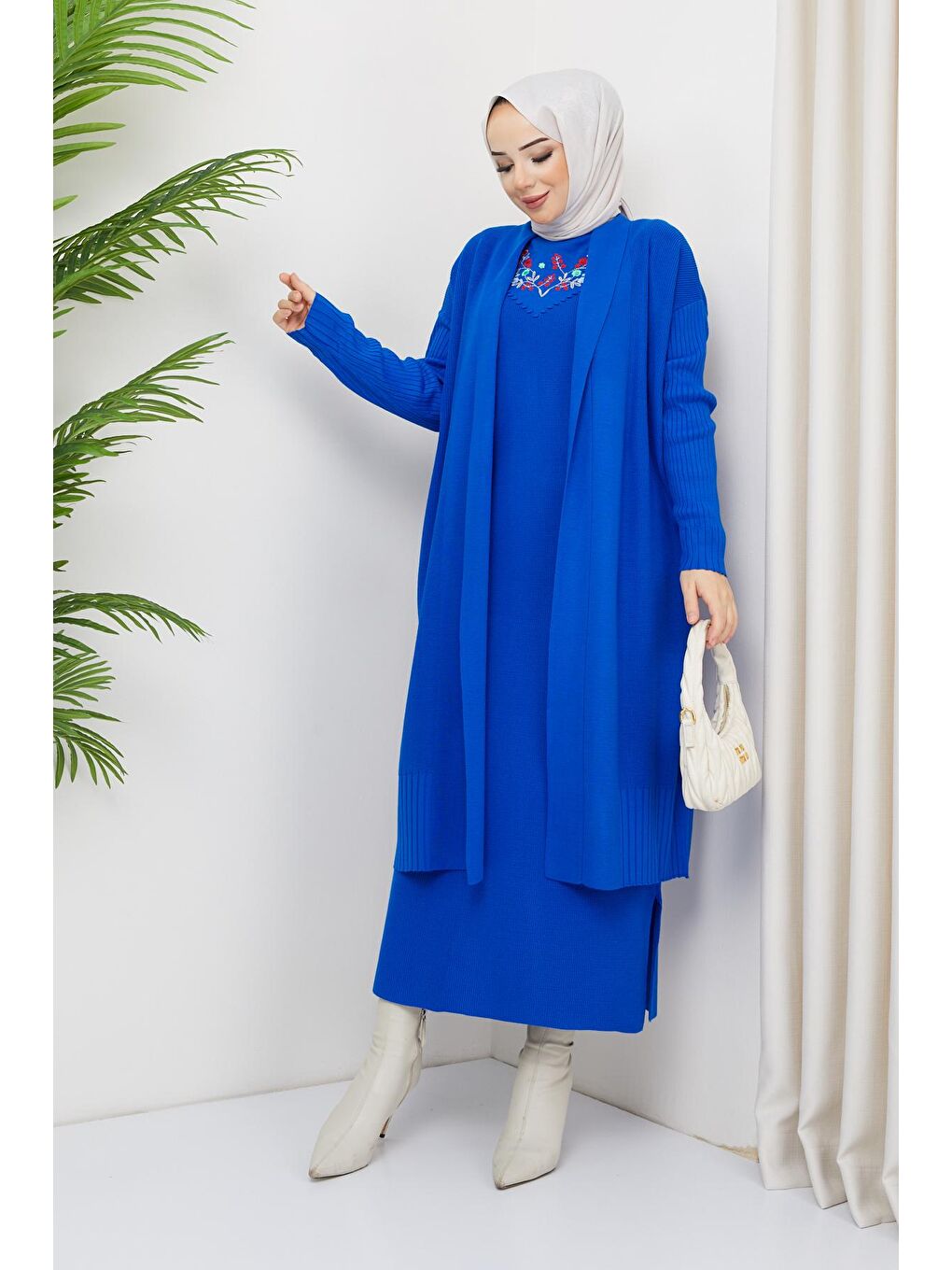Mavi Kadın Nakışlı Triko Elbise Hırka Tesettür İkili Takım