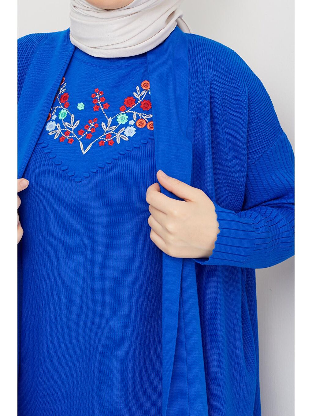 Mavi Kadın Nakışlı Triko Elbise Hırka Tesettür İkili Takım-1