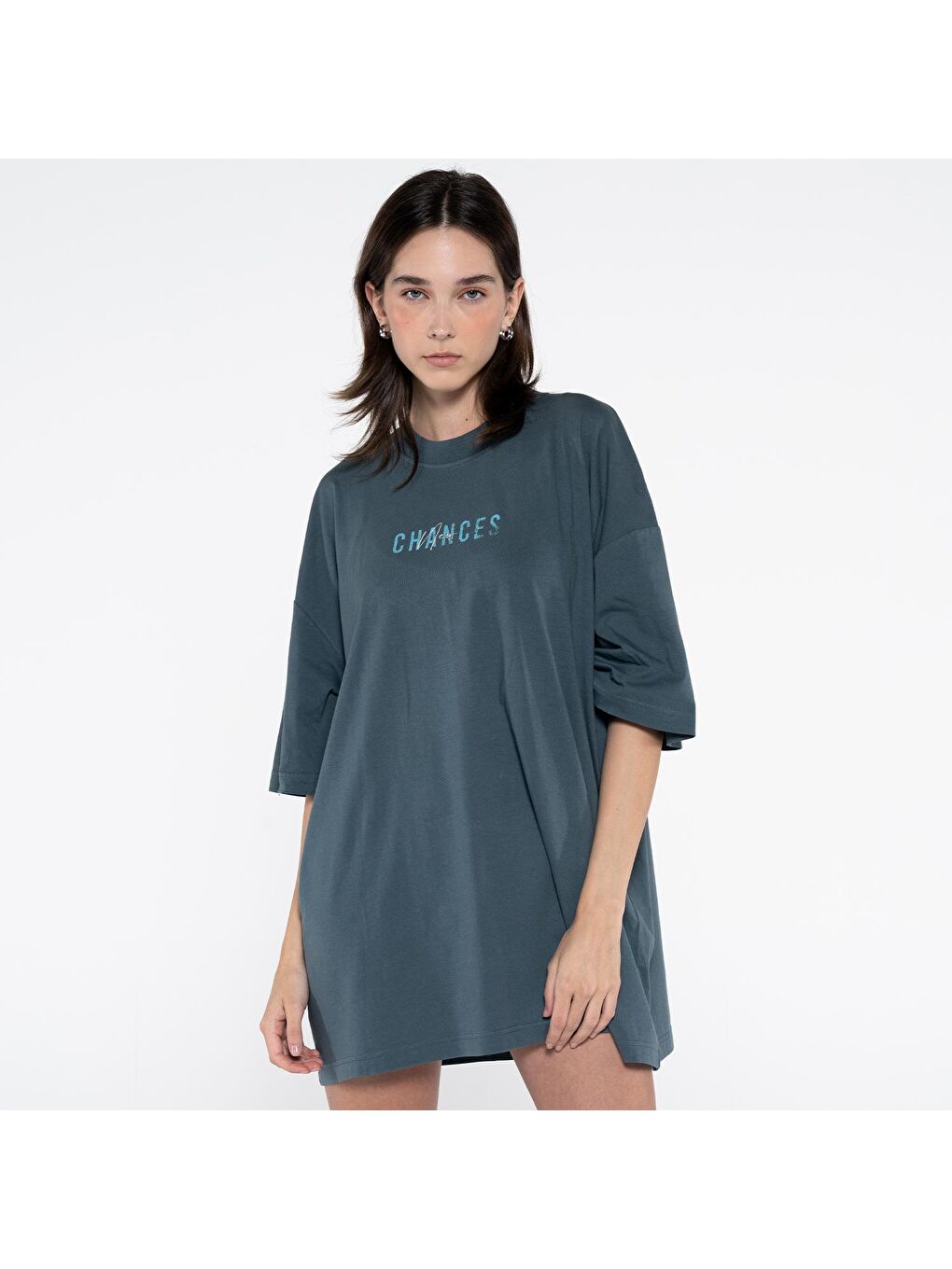 Ness Kadın Petrol %100 Pamuk Bisiklet Yaka Ekstra Oversize Tişört