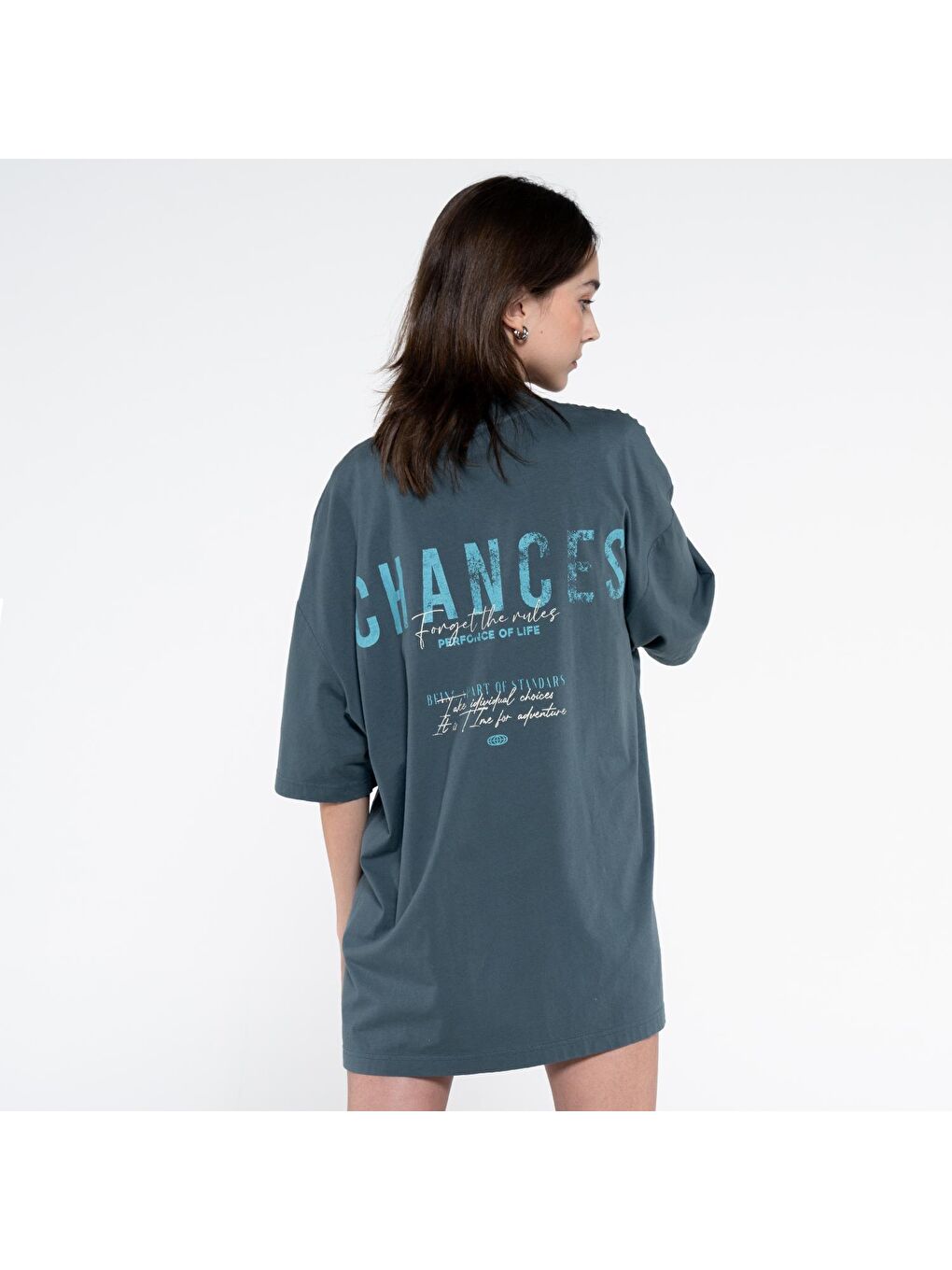 Ness Kadın Petrol %100 Pamuk Bisiklet Yaka Ekstra Oversize Tişört-1