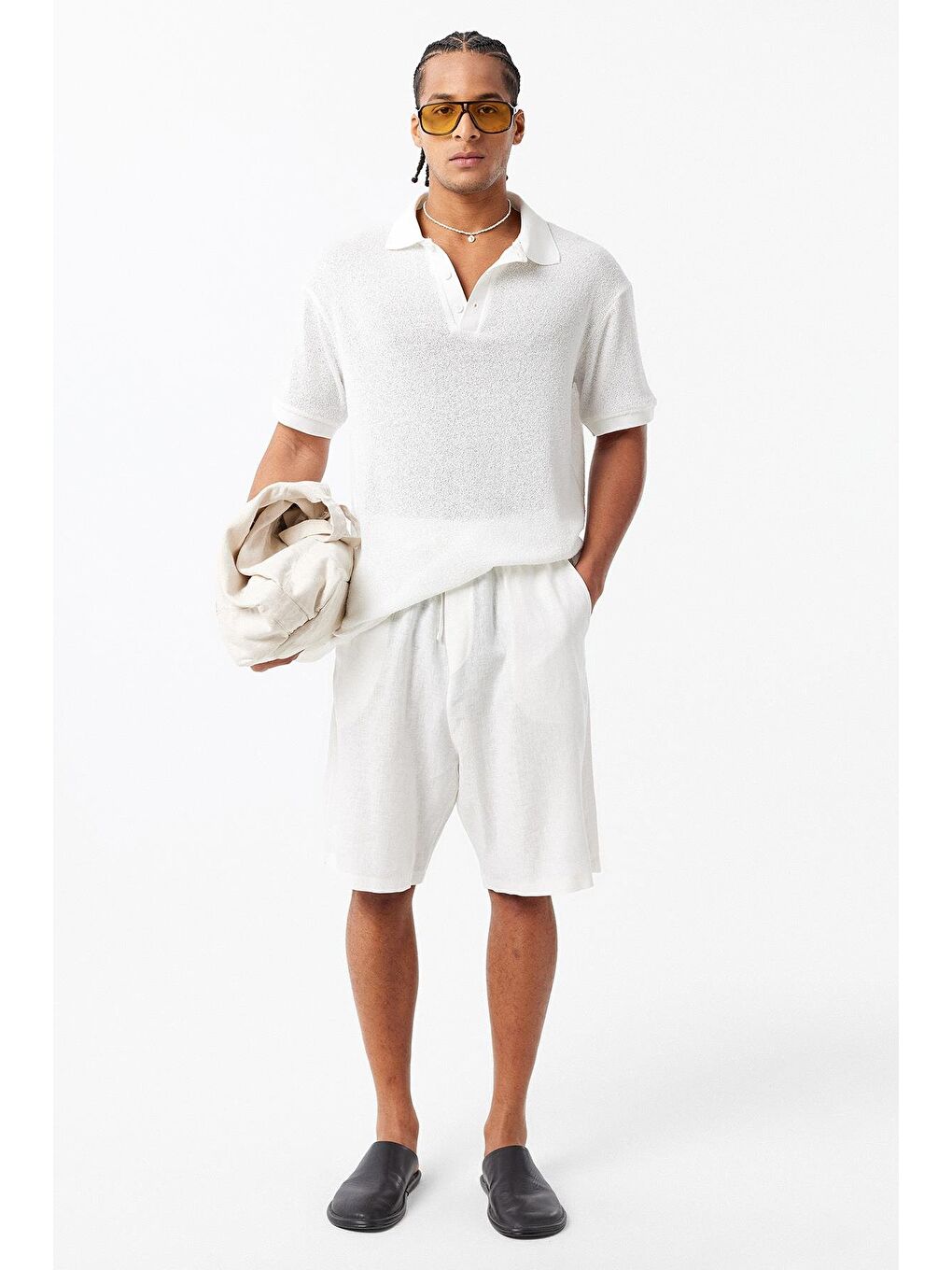 Polo Yaka Triko Oversize Tişört Ekru