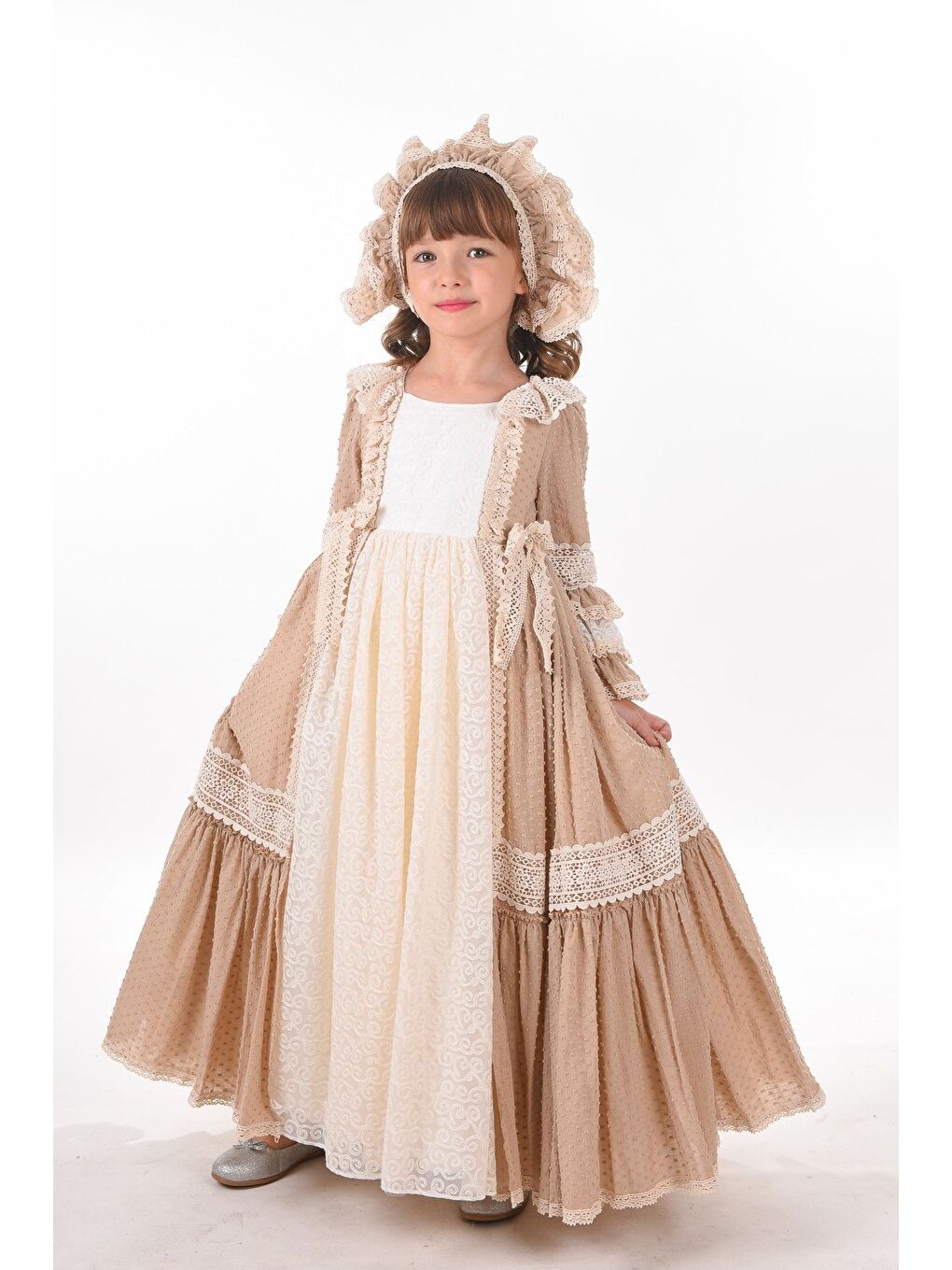 Bej Özel Tasarım Vintage Kız Çocuk Elbise, Saç Aksesuarlı Kız Çocuk Abiye Elbise, Uzun Çocuk Elbise_M220