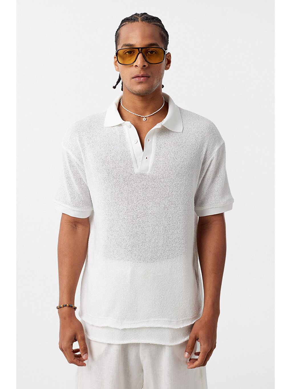 Polo Yaka Triko Oversize Tişört Ekru-1
