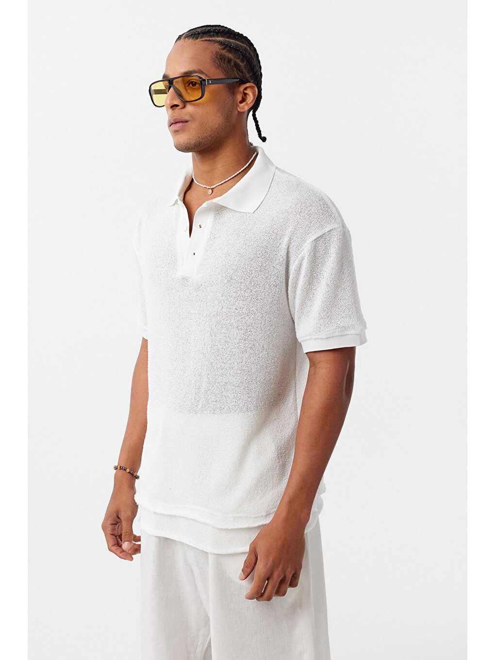 Polo Yaka Triko Oversize Tişört Ekru-2